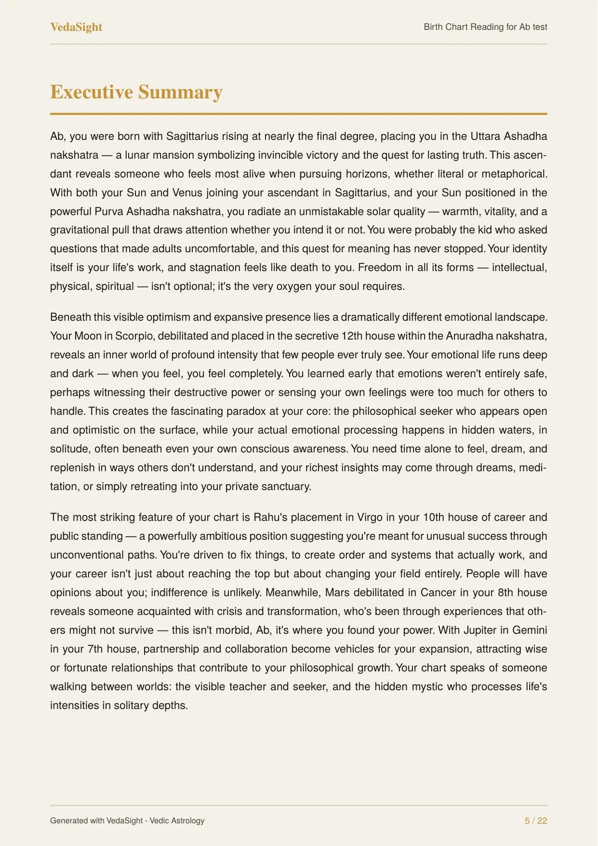 Birth Chart Reading sample: personalized executive summary page