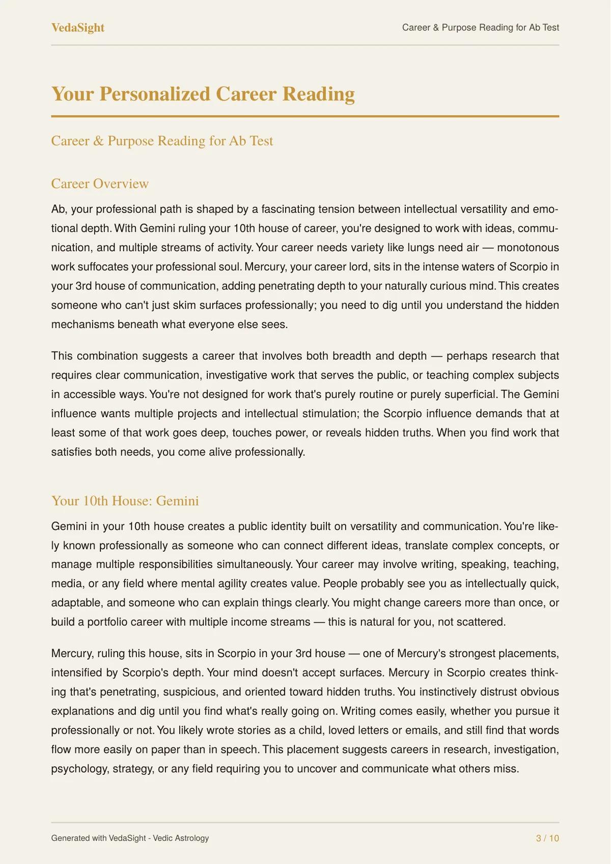 Career Reading sample: personalized career reading page