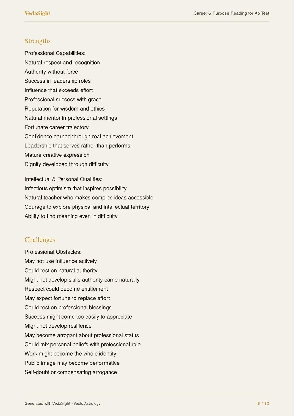 Career Reading sample: strengths page