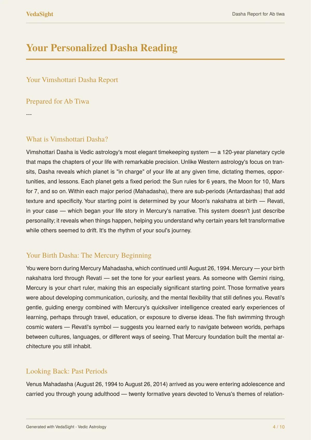 Dasha Report sample: personalized dasha reading page