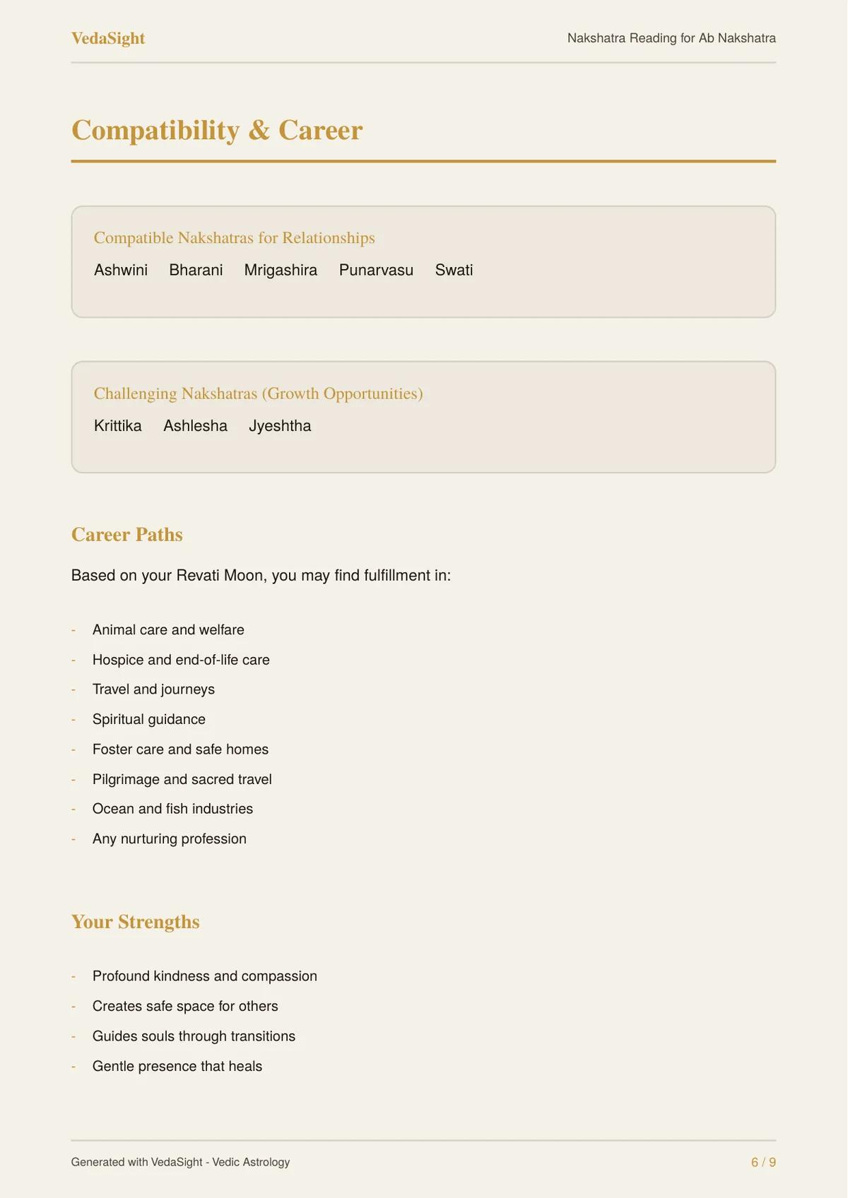 Nakshatra Reading sample: compatibility and career paths page