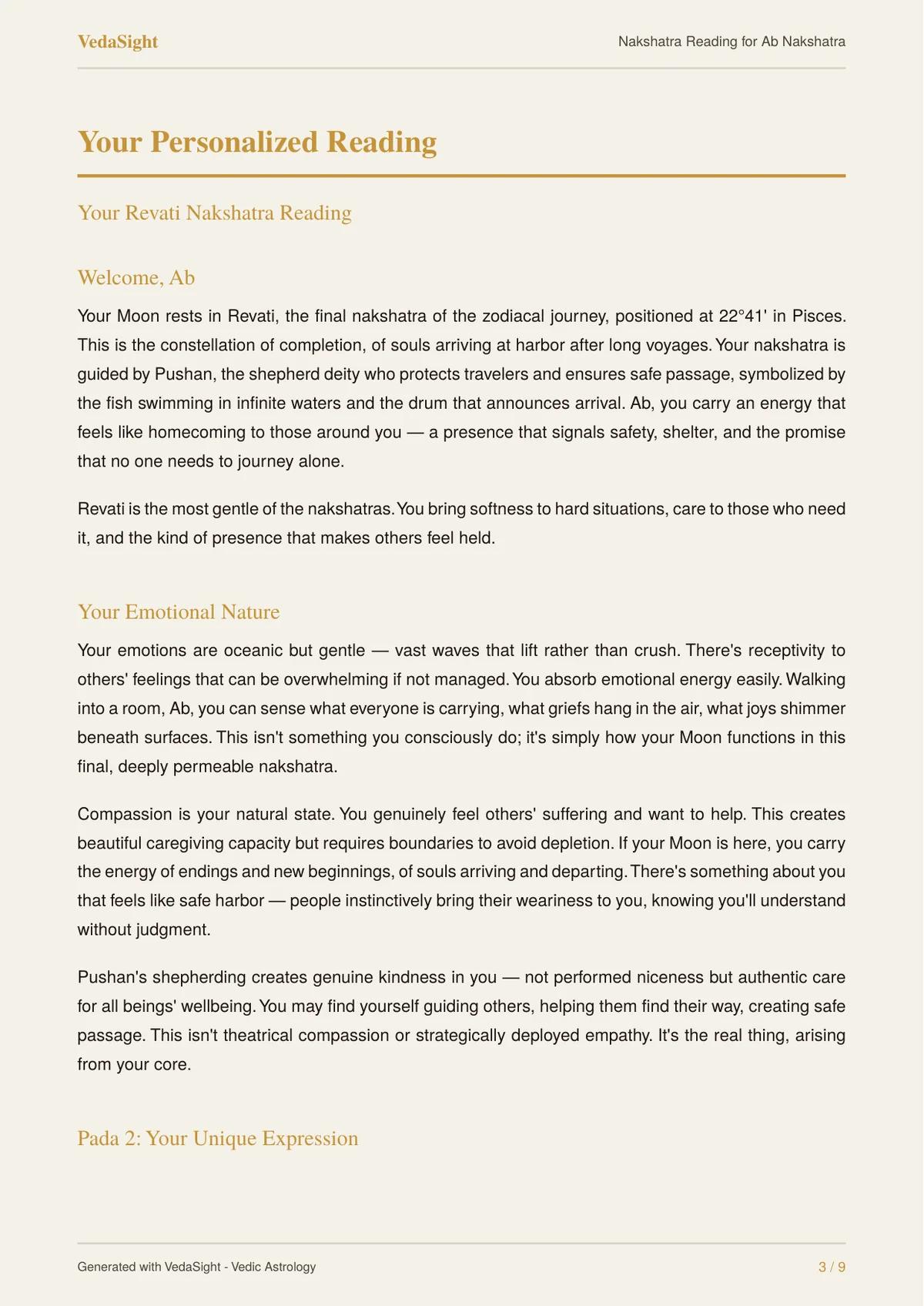 Nakshatra Reading sample: personalized reading page