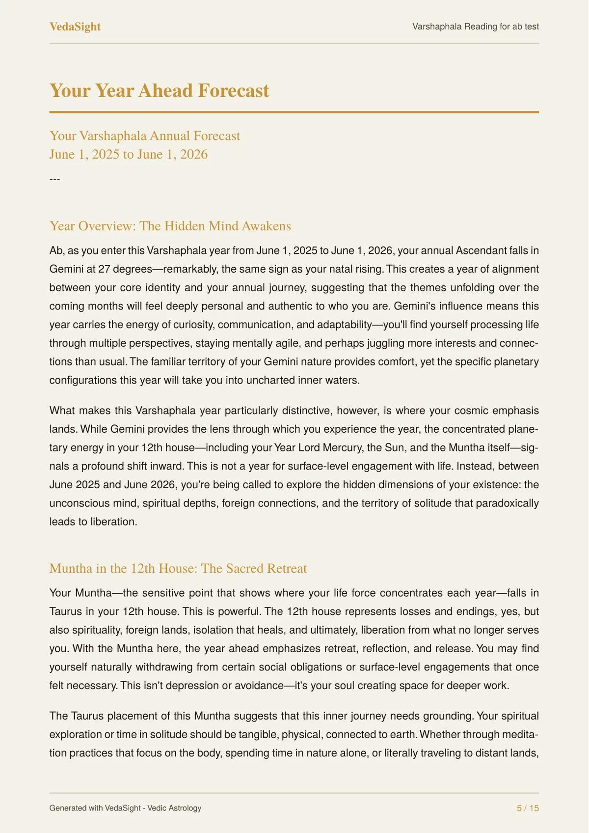 Varshaphala Reading sample: year ahead forecast page