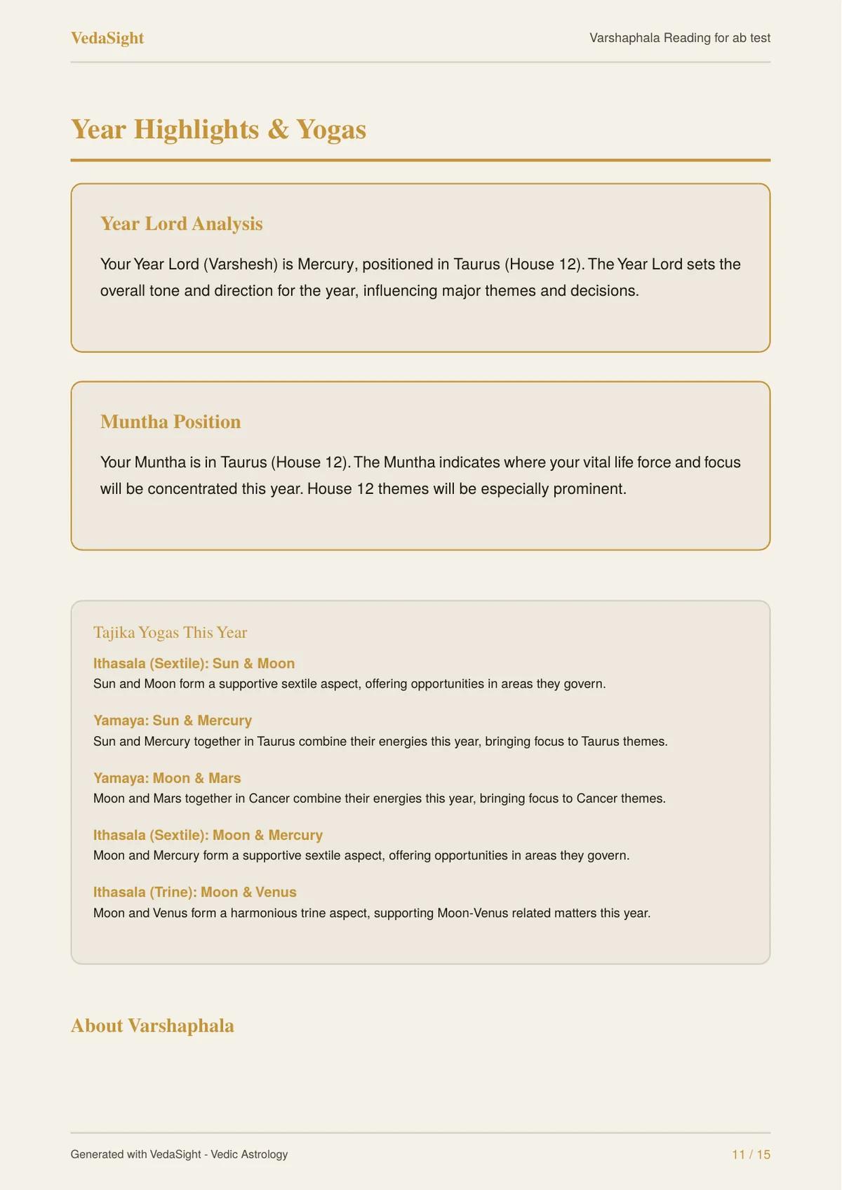 Varshaphala Reading sample: year highlights and yogas page