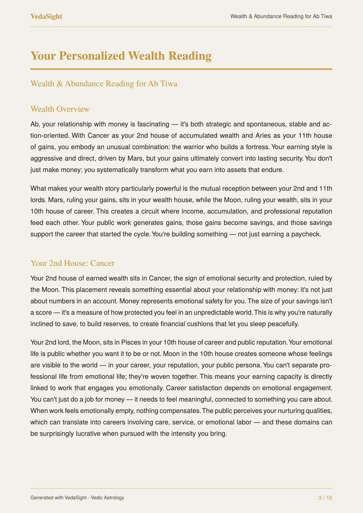 Wealth Reading sample: personalized wealth reading page