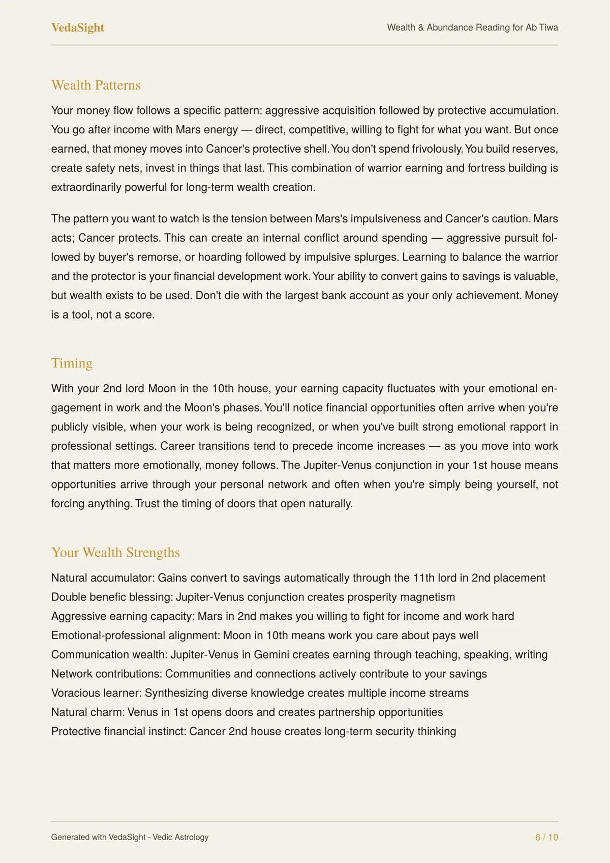 Wealth Reading sample: wealth patterns page